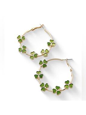 Gold Tone Shamrock Hoop Earrings Green Clover St. Patrick’s Day Lucky Jewelry